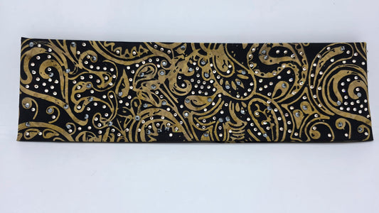 EXTRA BLING - Black and Gold Scroll Bandana with Honey and Black Austrian Crystals (E60107))