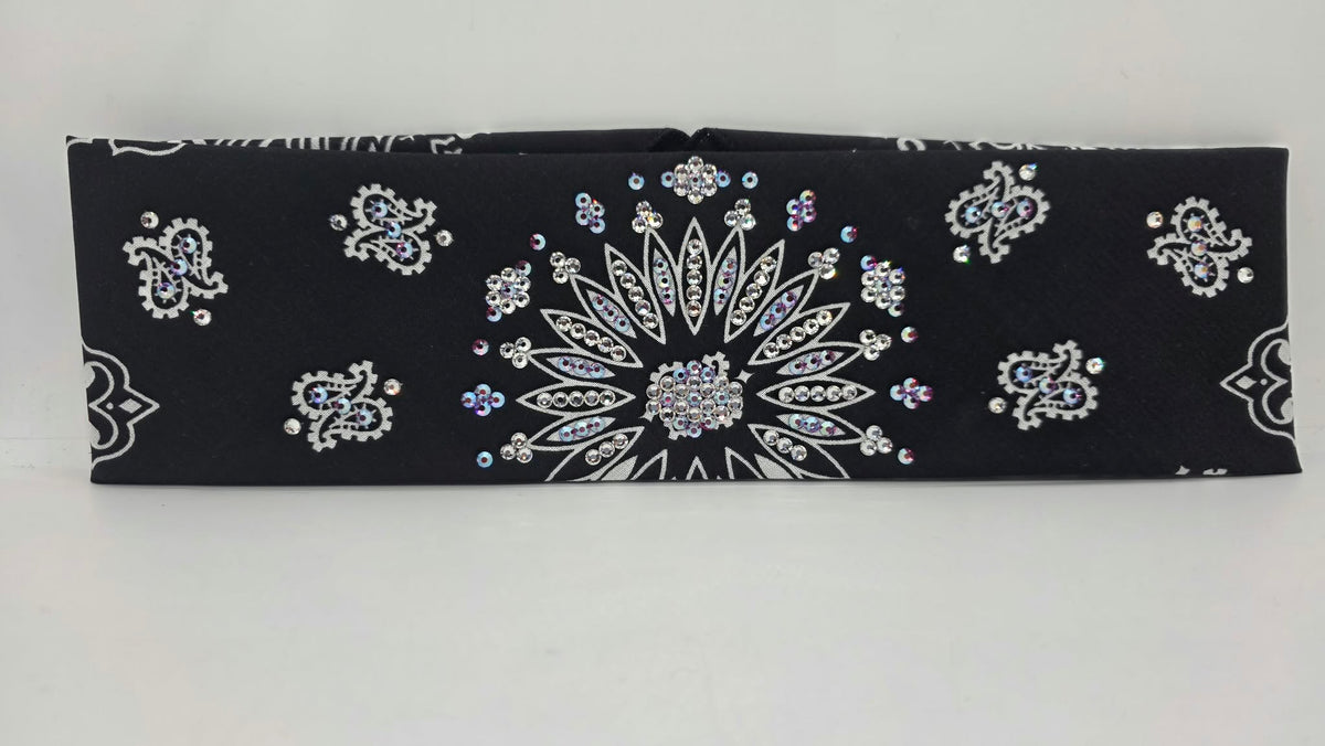 Black Paisley Bandana with Fuchsia Shimmer and Clear Austrian Crystals (E60172)