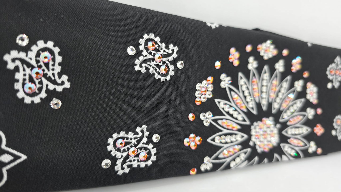 Black Paisley Bandana with Orange Shimmer and Diamond Clear Austrian Crystals (E60105)