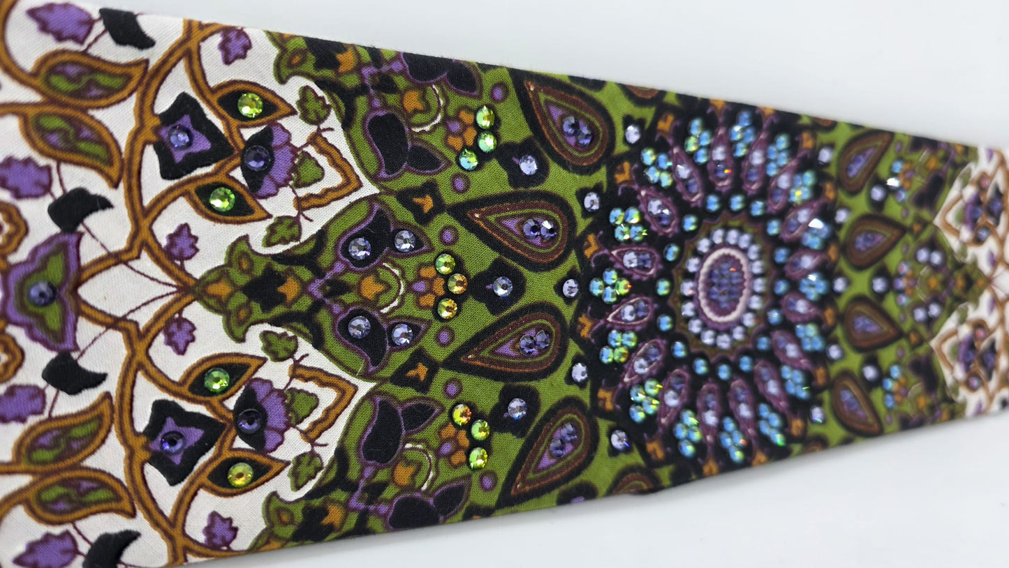 EXTRA BLING -Green Indian Bandana with Light Purple, Dark Purple and Vitrail Medium Austrian Crystals (sku6416)