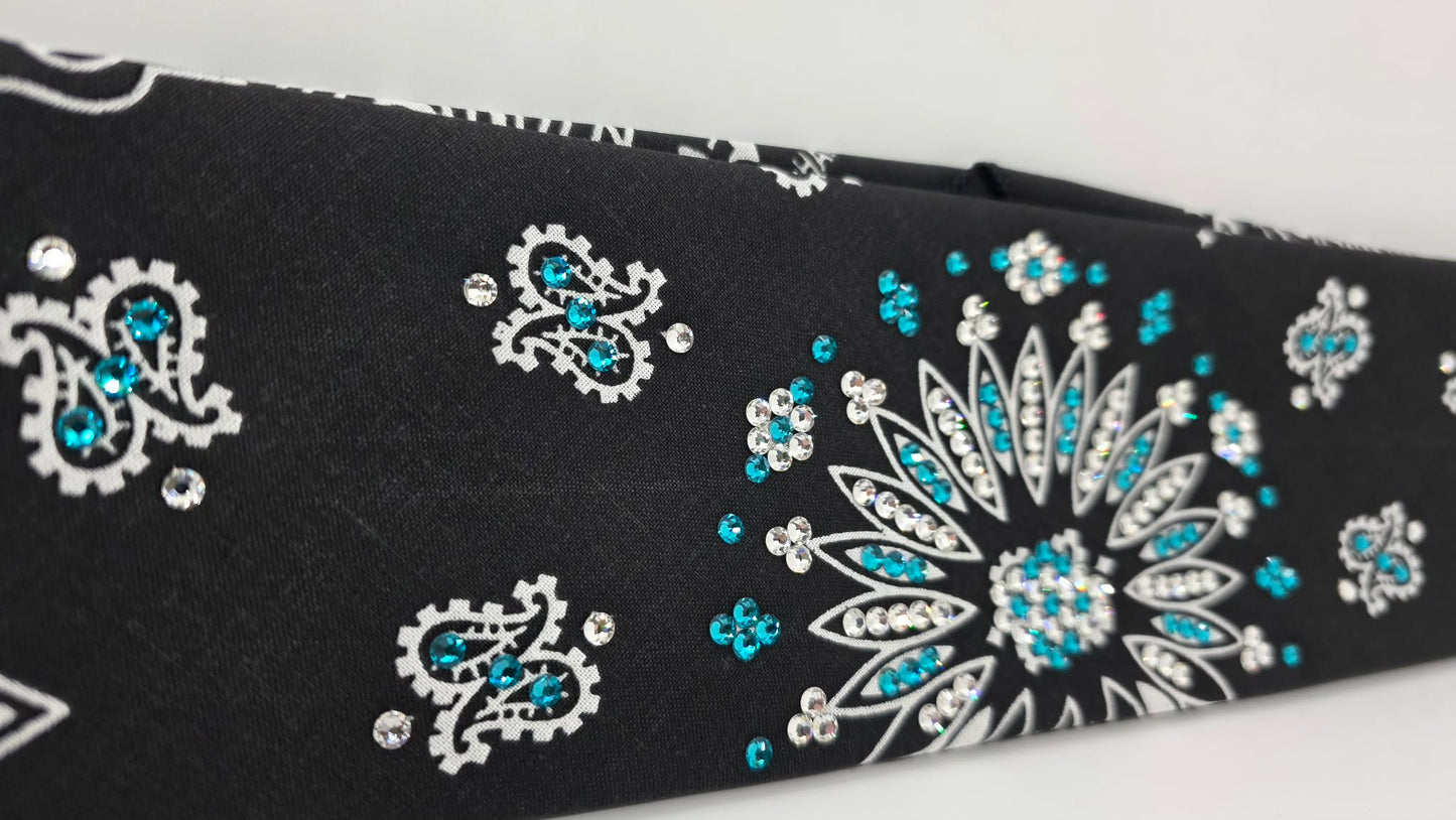 Black Paisley Bandana with Bright Blue and Diamond Clear Austrian Crystals (E6426)