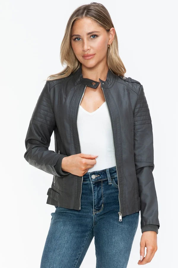 Sliming Grey Faux Leather Zip Up Mock Neck Jacket