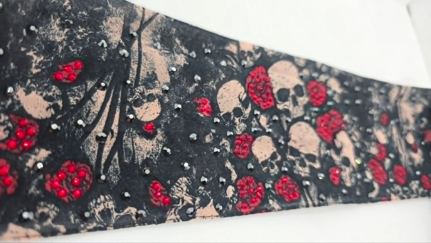 Long Skull and Roses Strip with Red and Black Austrian Crystals (LS30010)