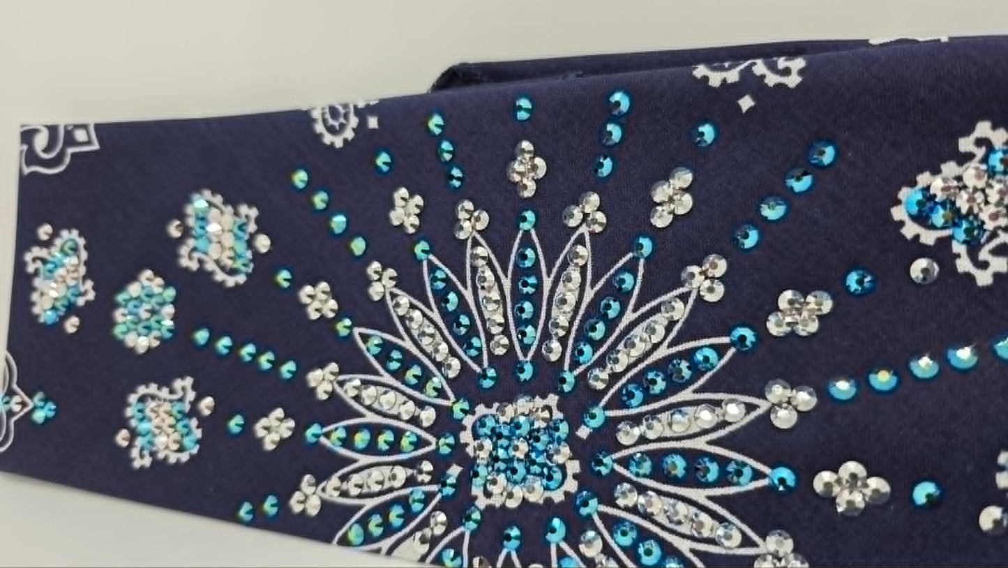 LeeAnnette Navy Blue Paisley Bandana with Jet Shimmer and Chrome Austrian Crystals (L40250)