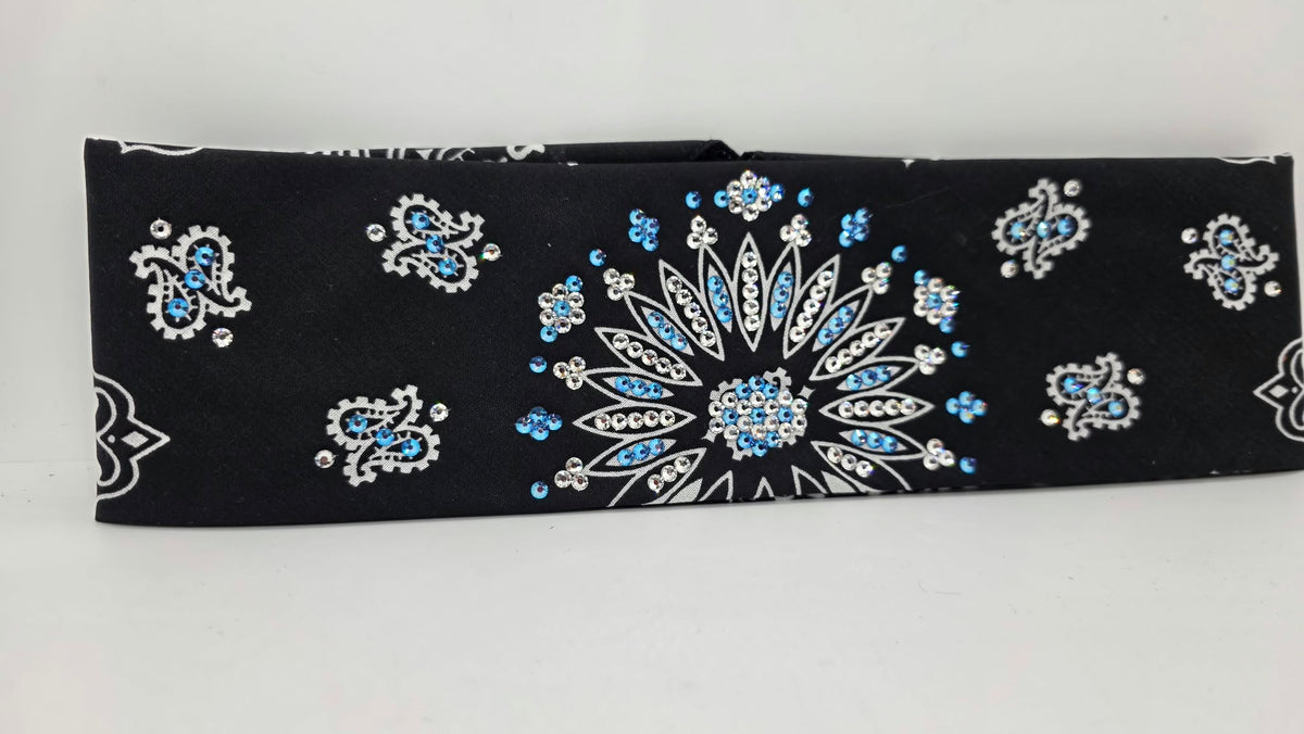 Black Paisley Bandana with Blue Shimmer and Diamond Clear Austrian Crystals (E60169)