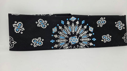 Black Paisley Bandana with Blue Shimmer and Diamond Clear Austrian Crystals (E60169)