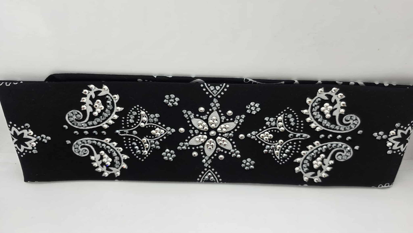 LeeAnnette Large Black Flower Bandana with Black and Diamond Clear Austrian Crystals (sku40103)