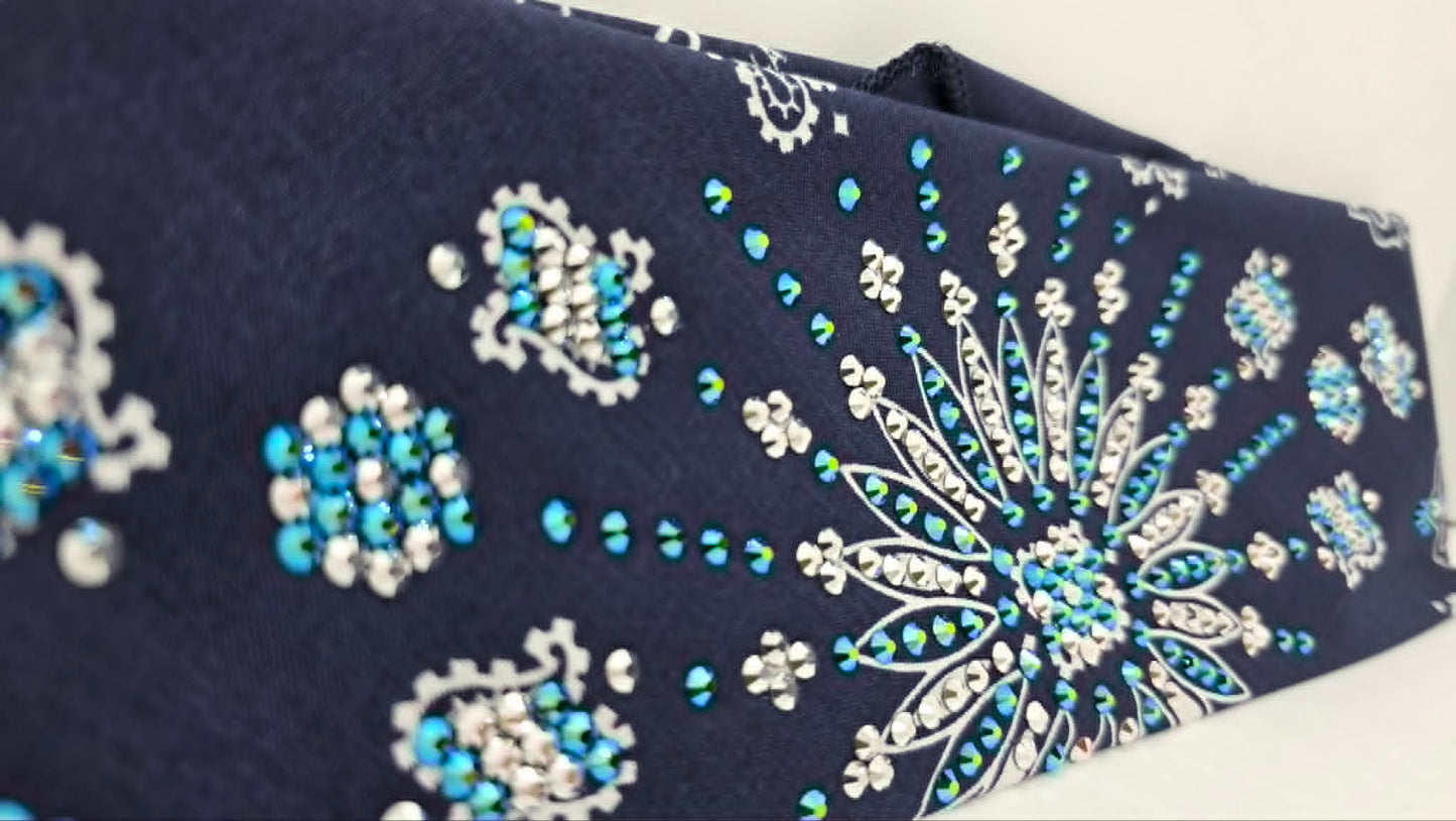 LeeAnnette Navy Blue Paisley Bandana with Jet Shimmer and Chrome Austrian Crystals (L40250)