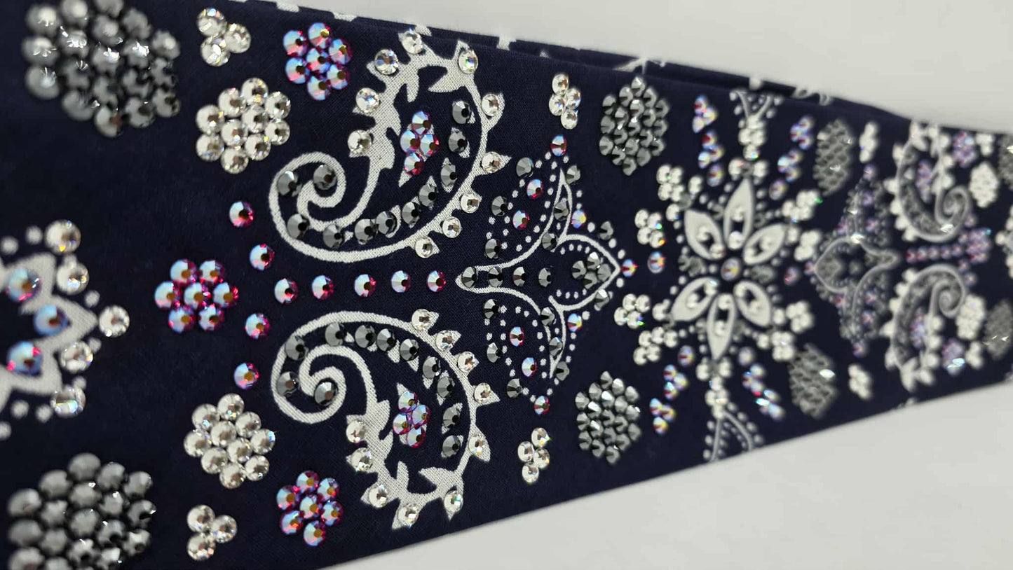 Super LeeAnnette Large Navy Blue Flower Bandana with Red Shimmer, Black and Diamond Clear Austrian Crystals (sku40125)