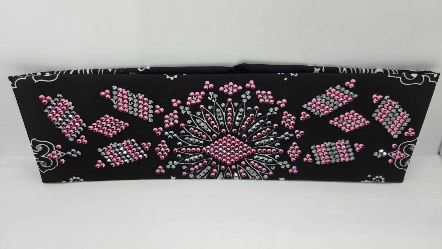 Super LeeAnnette Black Paisley Bandana with Black and Rose Austrian Crystals (sku40107)