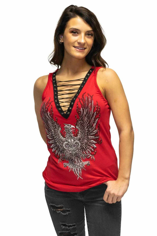 Red V-neck Eagle Crest Top