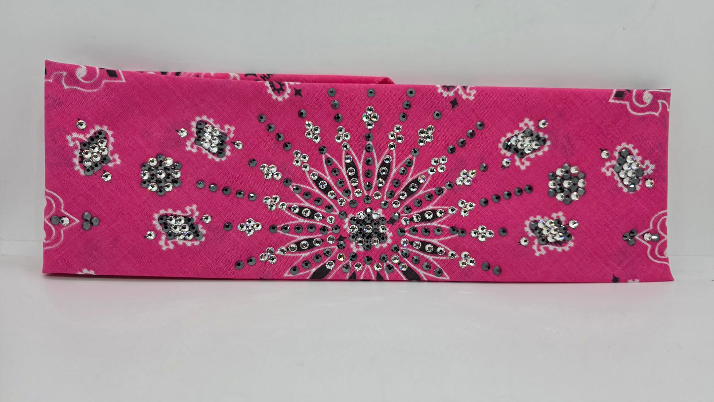 LeeAnnette Pink Paisley Bandana with Black and Diamond Clear Austrian Crystals (L40233)