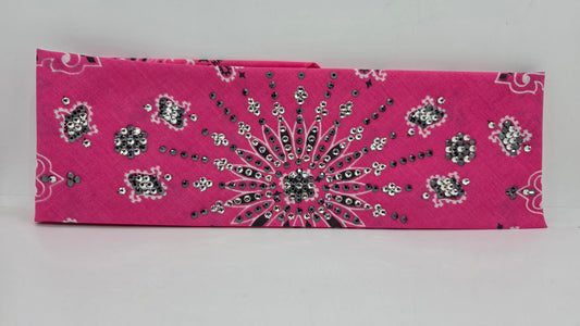 LeeAnnette Pink Paisley Bandana with Black and Diamond Clear Austrian Crystals (L40233)