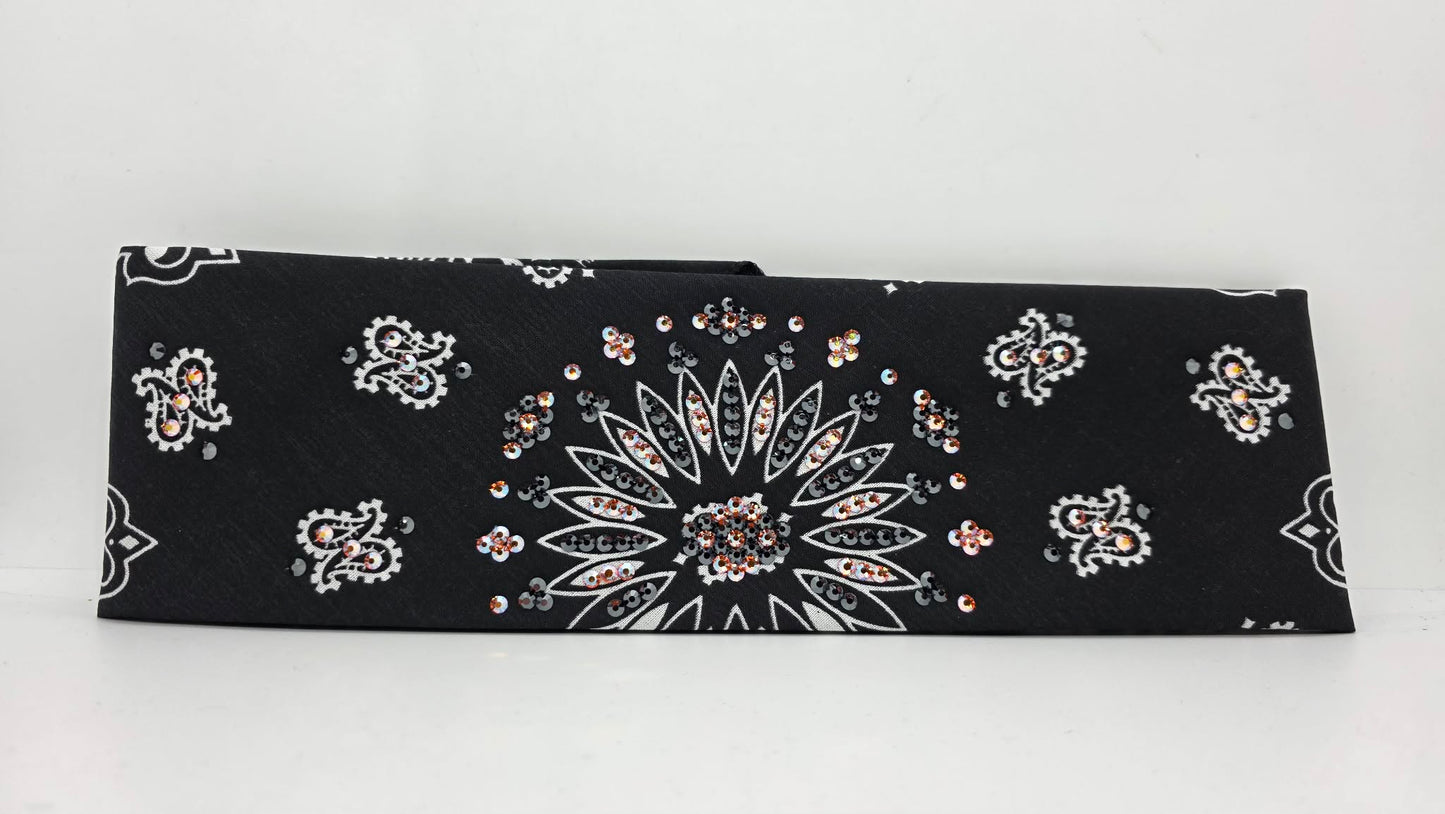 Black Paisley Bandana with Orange Shimmer and Black Austrian Crystals (E60104)