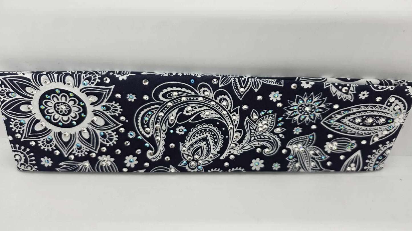 EXTRA BLING -Fancy Blue Paisley Bandana with Black Shimmer and Diamond Clear Austrian Crystals (sku6412)