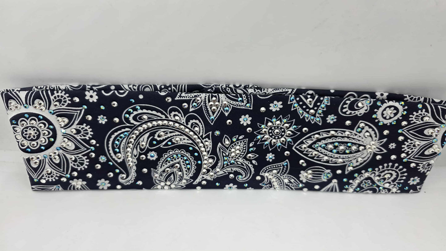 LeeAnnette Fancy Blue Paisley Bandana with Black Shimmer and Diamond Clear Austrian Crystals (sku40128)