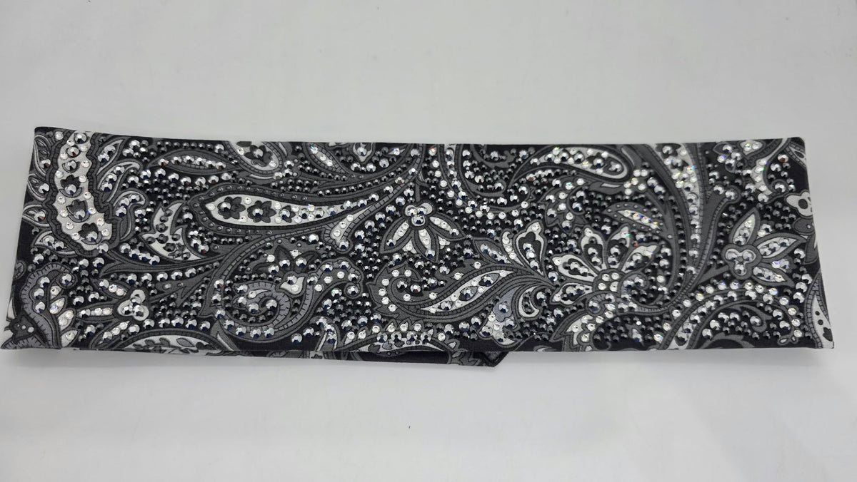Super Duper LeeAnnette Large Black and White Paisley Bandana with Black and Diamond Clear Austrian Crystals (D49514)