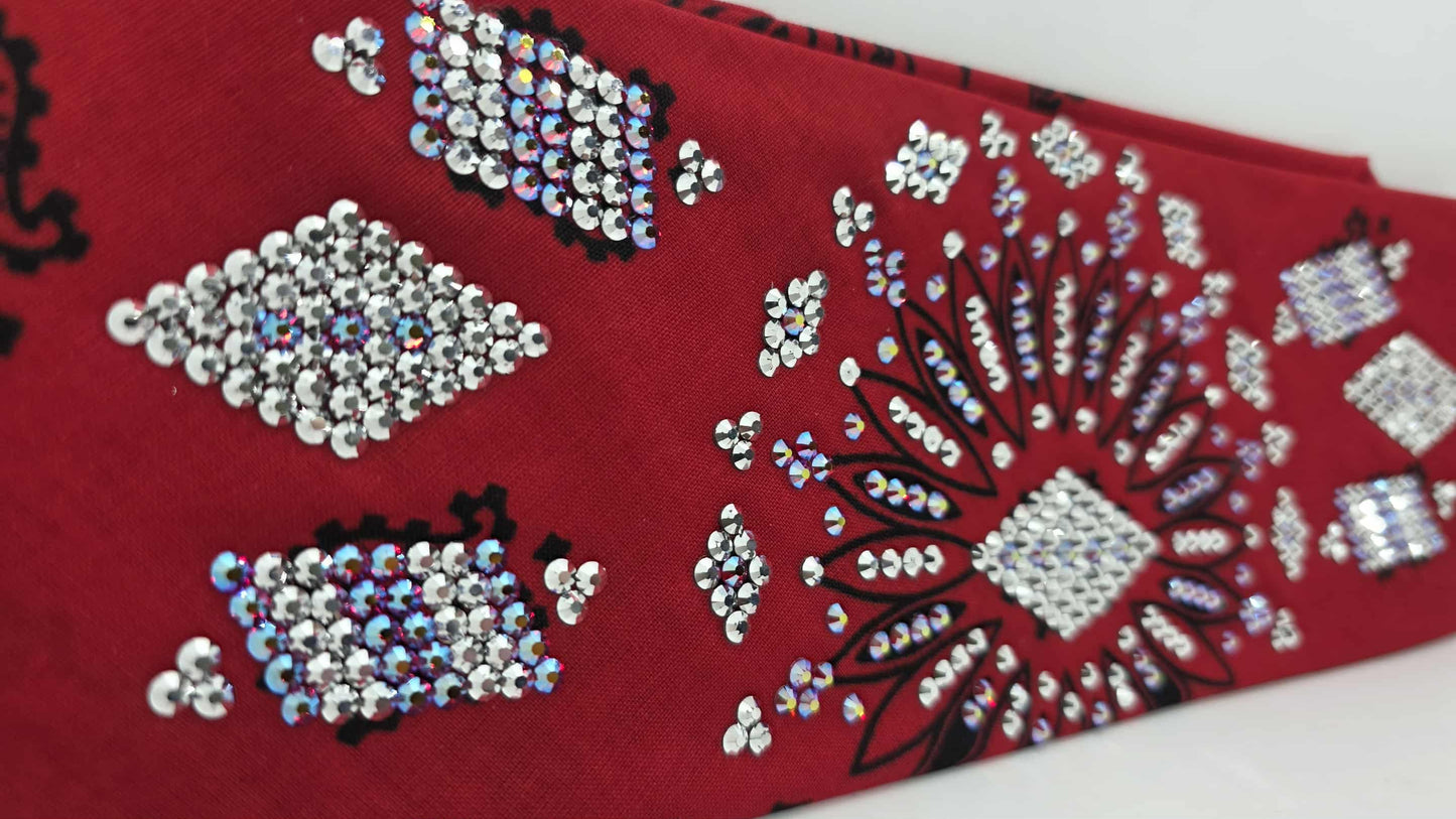 Super LeeAnnette Large Red Bandana with Red Shimmer and Chrome Austrian Crystals (sku40122)