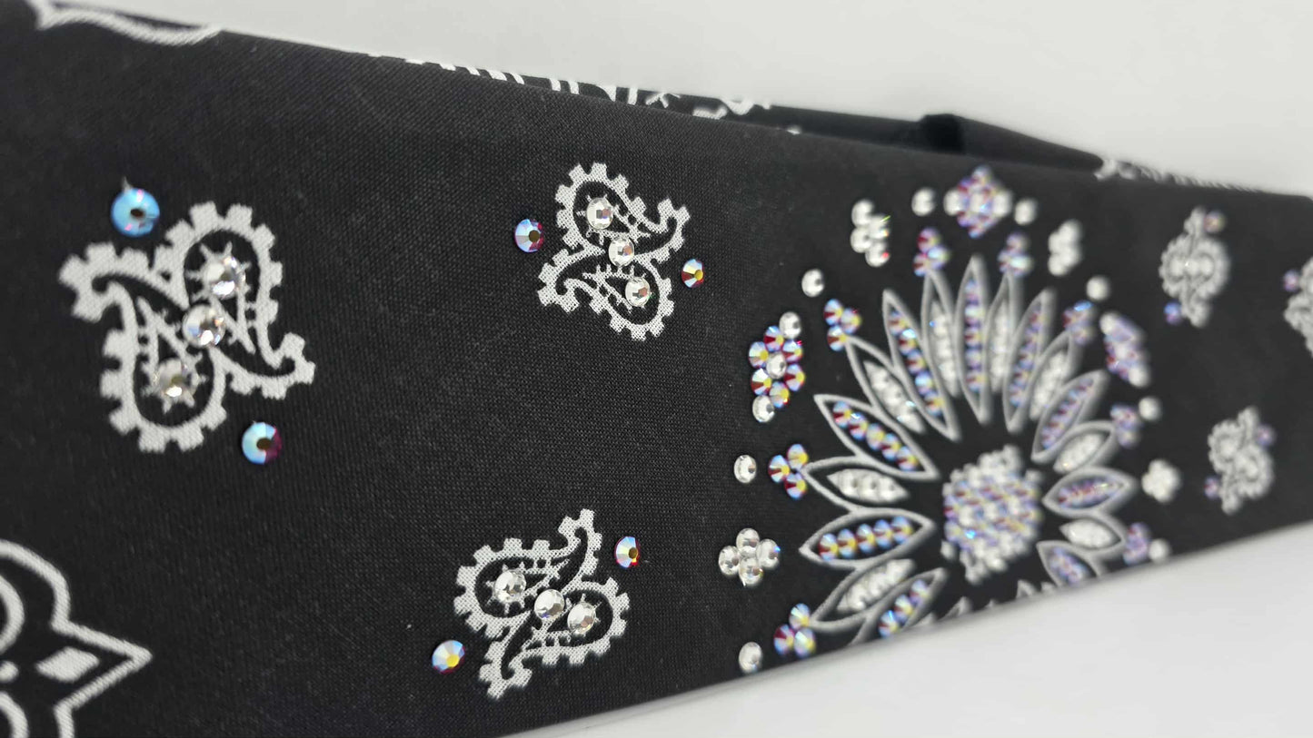 EXTRA BLING - Black Paisley Bandana with Red Shimmer and Diamond Clear Austrian Crystals (sku6424)
