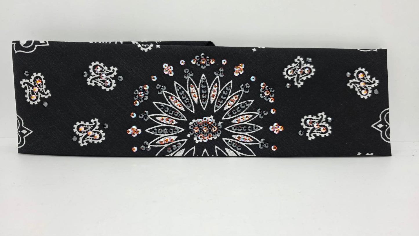 Black Paisley Bandana with Orange Shimmer and Black Austrian Crystals (E60104)