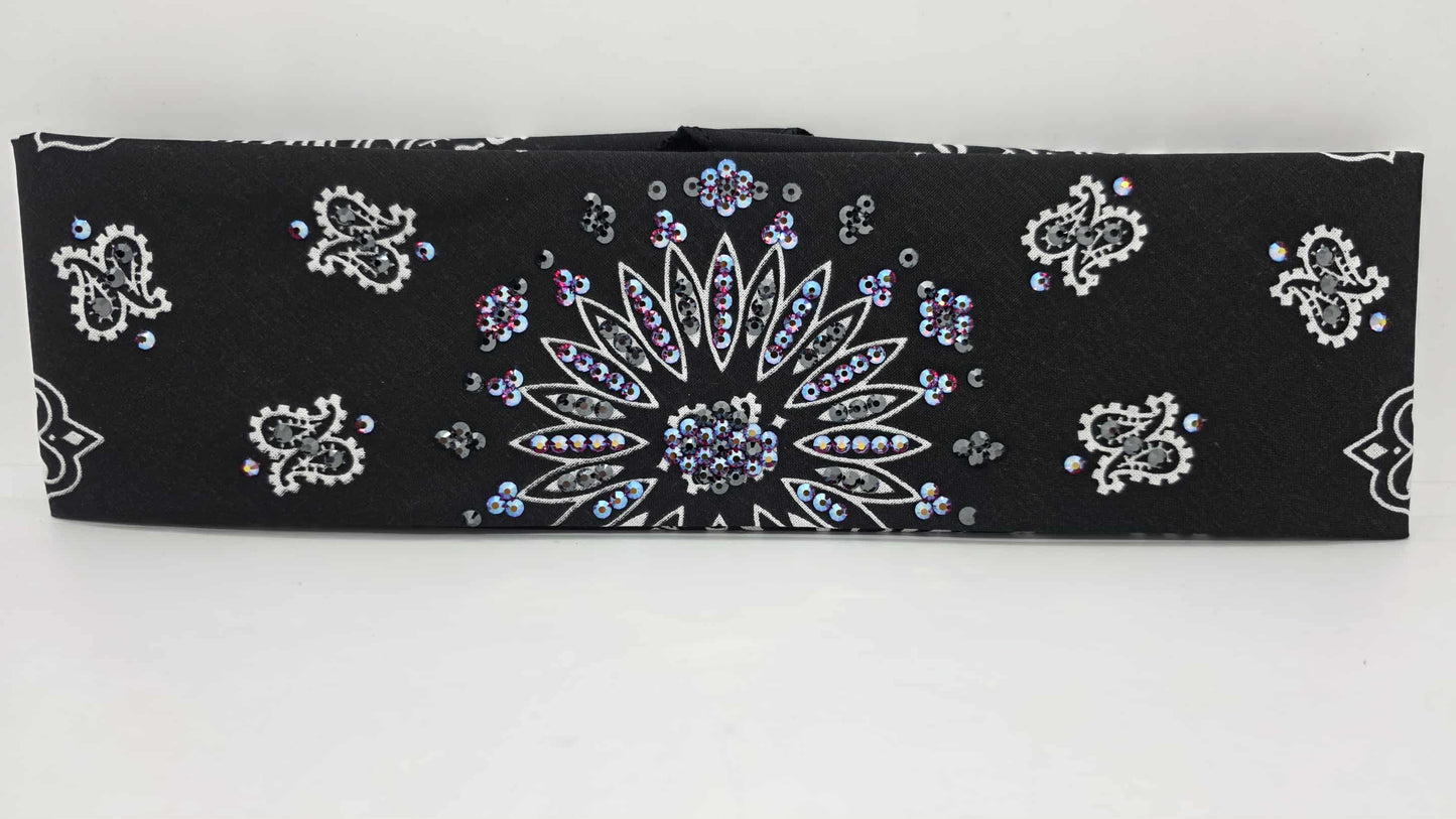 EXTRA BLING - Black Paisley Bandana with Red Shimmer and Black Austrian Crystals (sku6423)