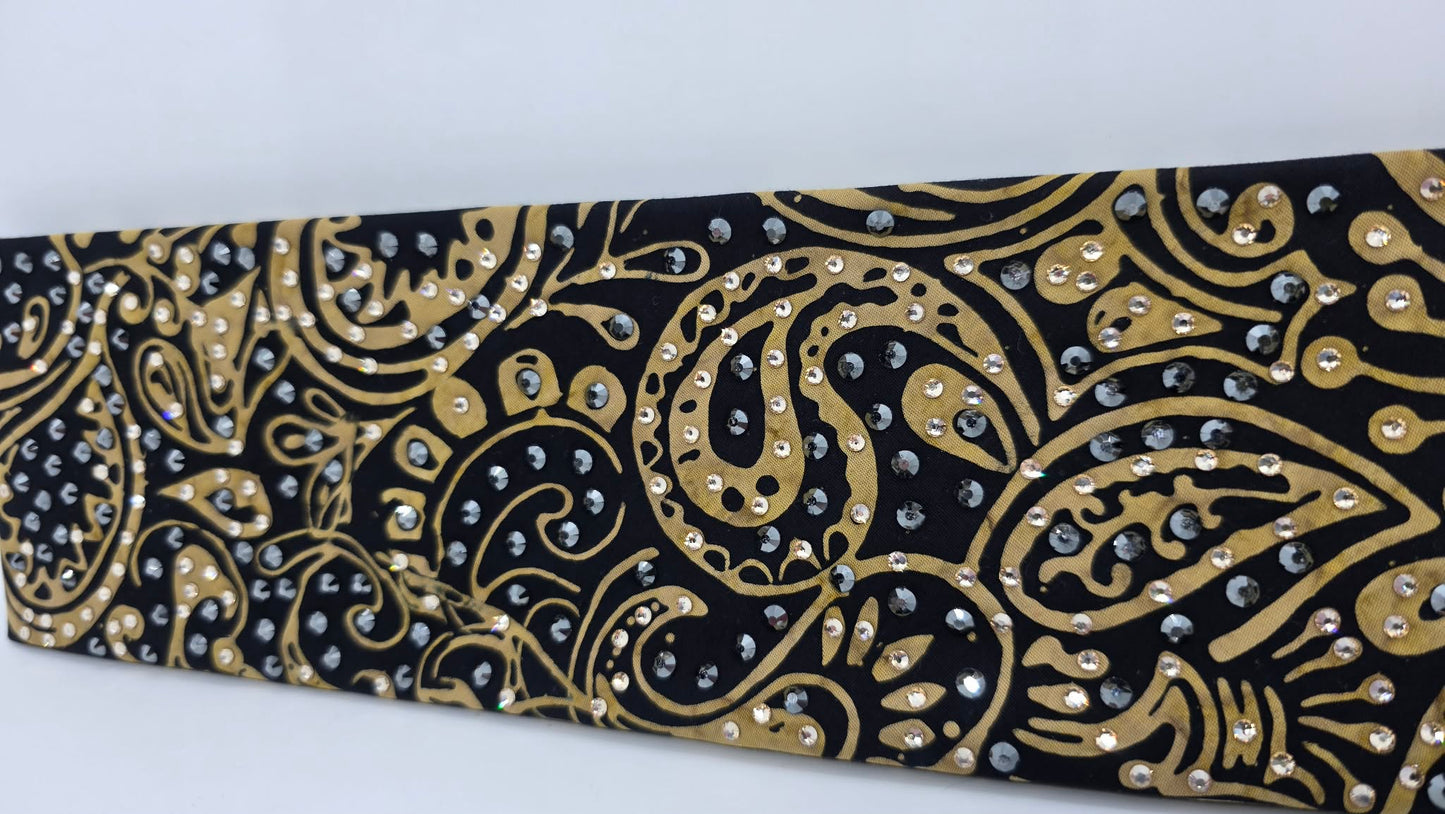 LeeAnnette Black and Gold Scroll Bandana with Honey and Black Austrian Crystals (L40214)
