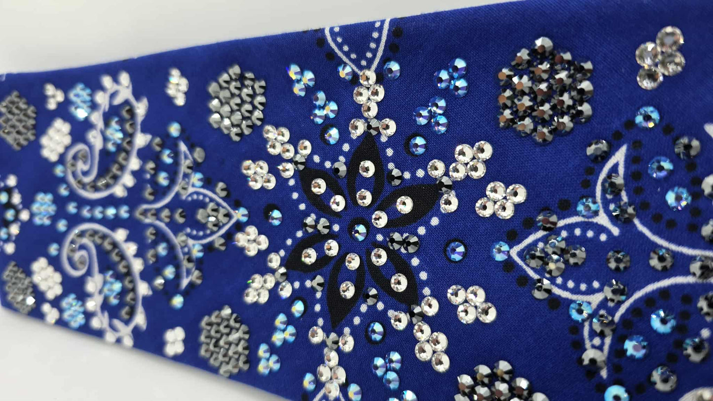 Super LeeAnnette Large Royal Blue Flower Bandana with Blue Shimmer, Black and Diamond Clear Austrian Crystals (sku40126)