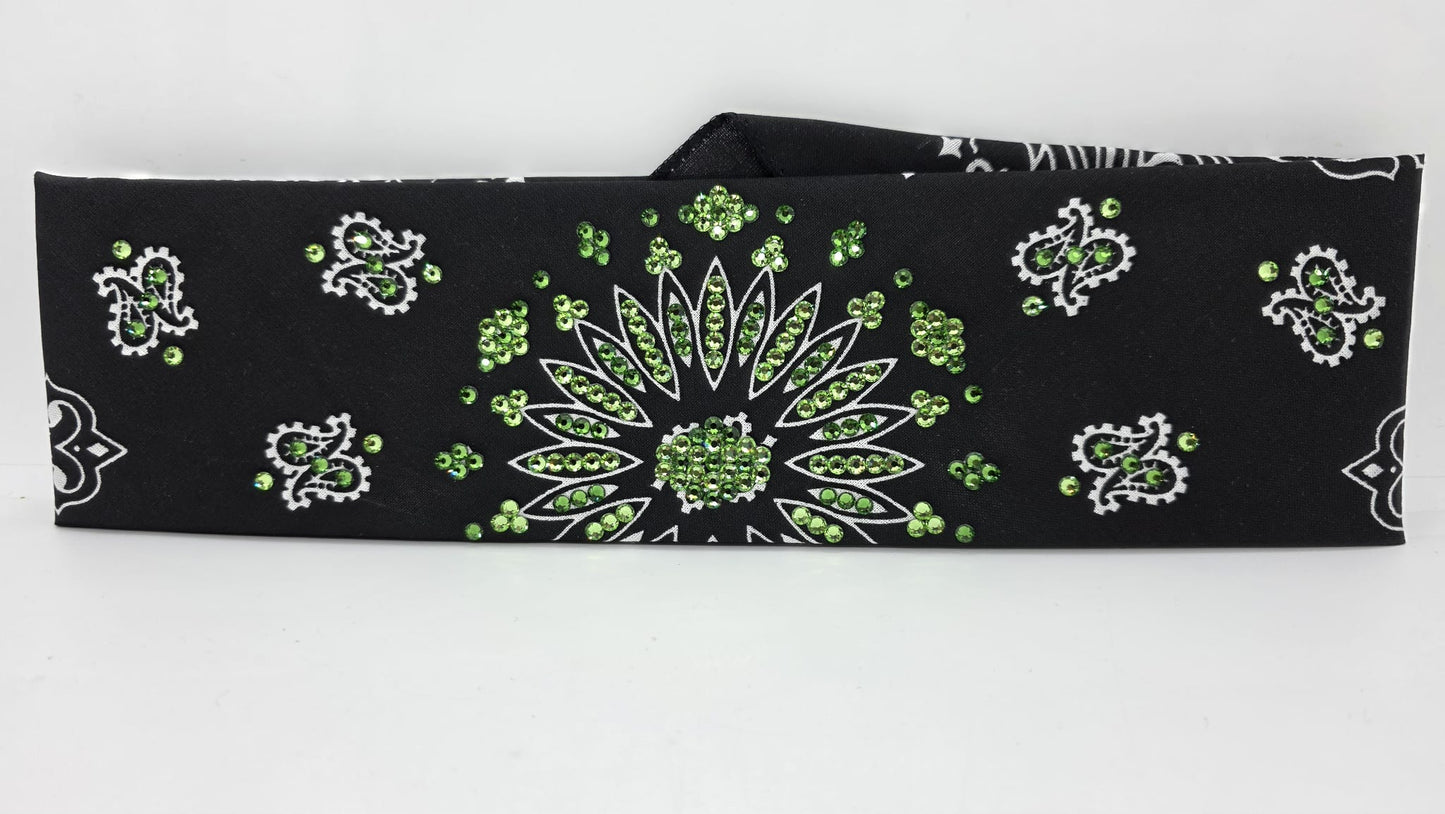 Black Paisley Bandana with Light and Dark Green Austrian Crystals (E60103)
