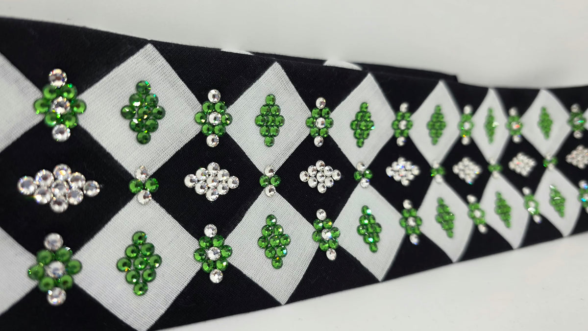 LeeAnnette Black and White Checker Bandana with Green and Diamond Clear Austrian Crystals (L40287)
