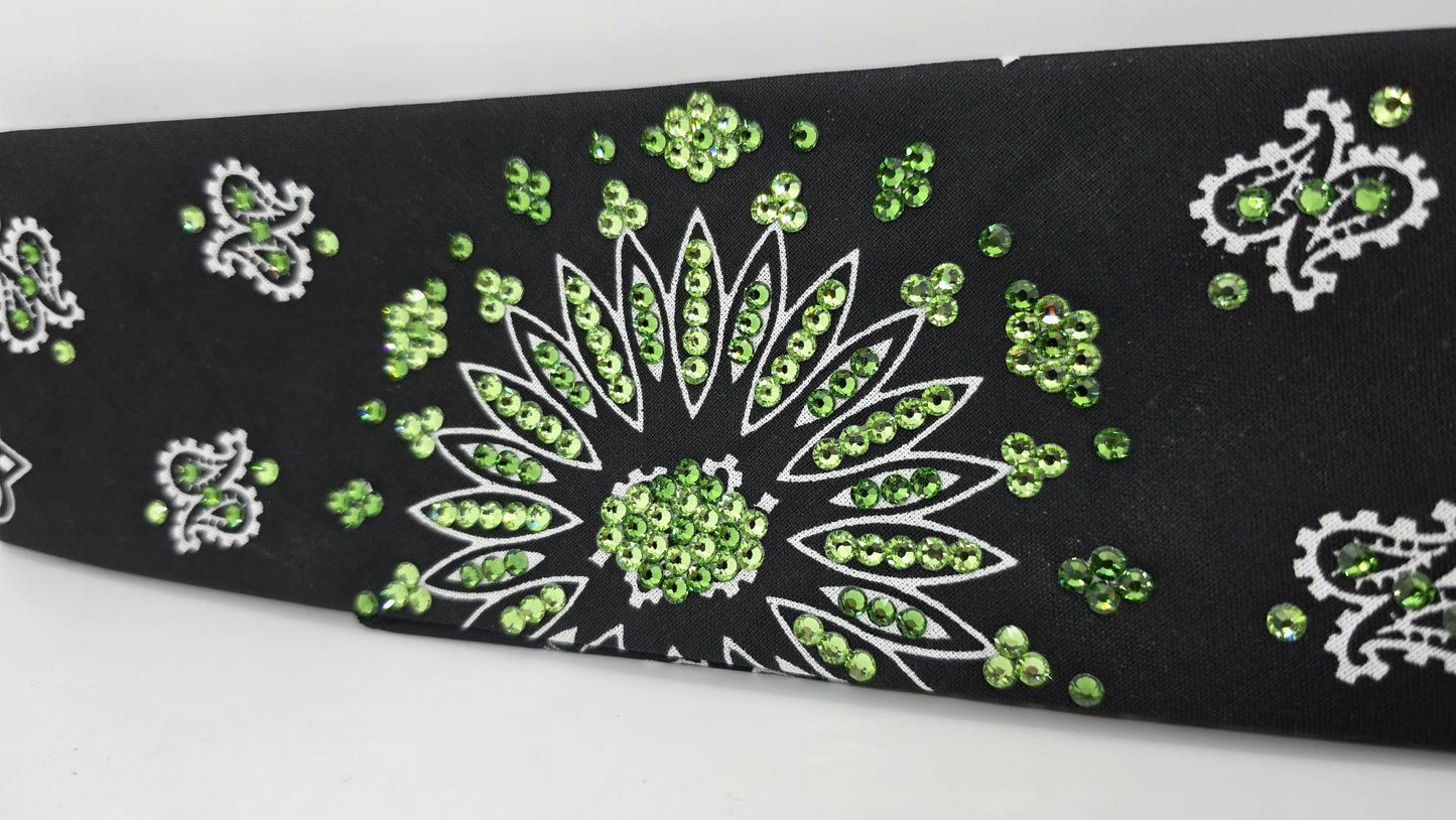 Black Paisley Bandana with Light and Dark Green Austrian Crystals (E60103)