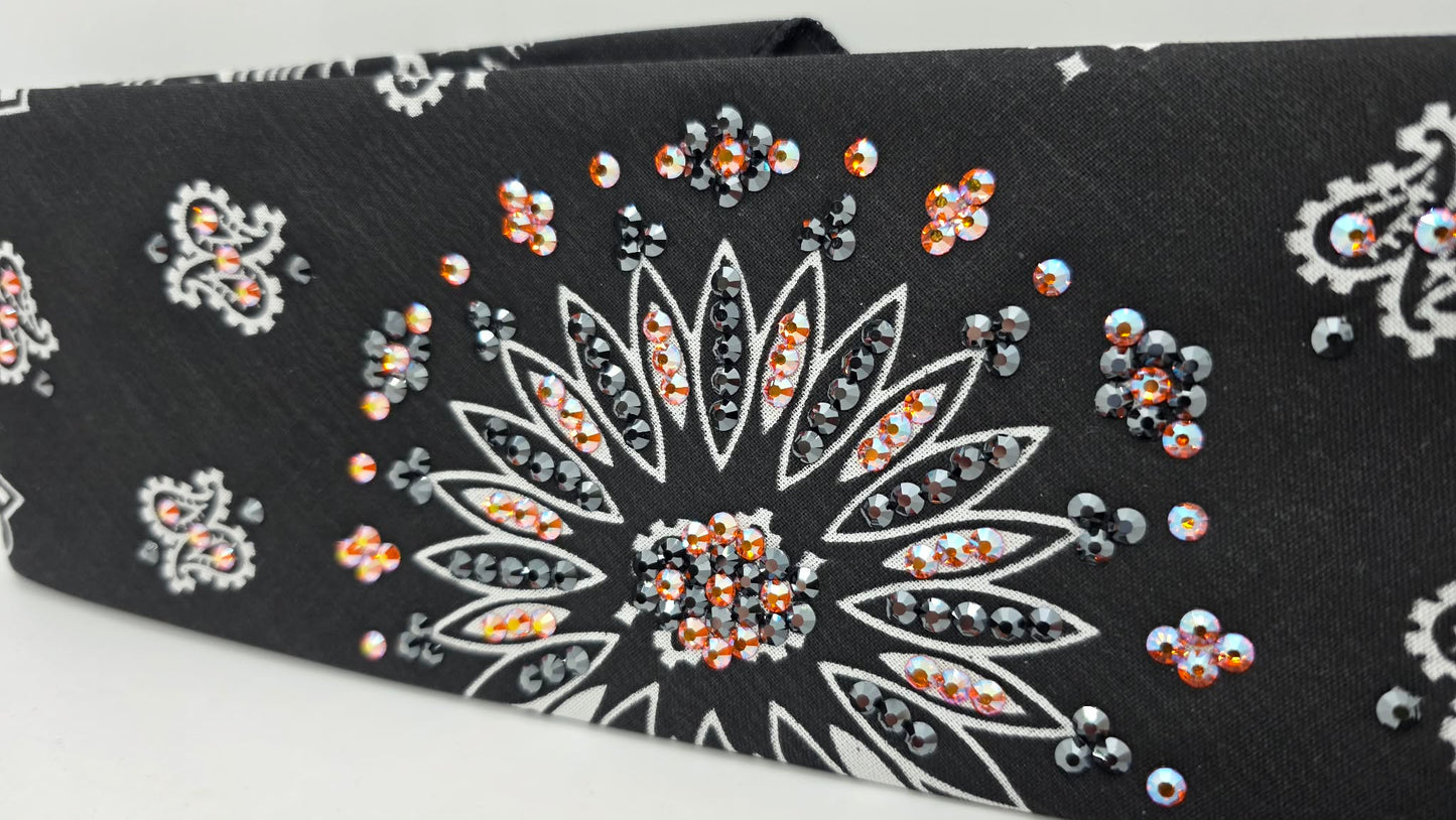 Black Paisley Bandana with Orange Shimmer and Black Austrian Crystals (E60104)