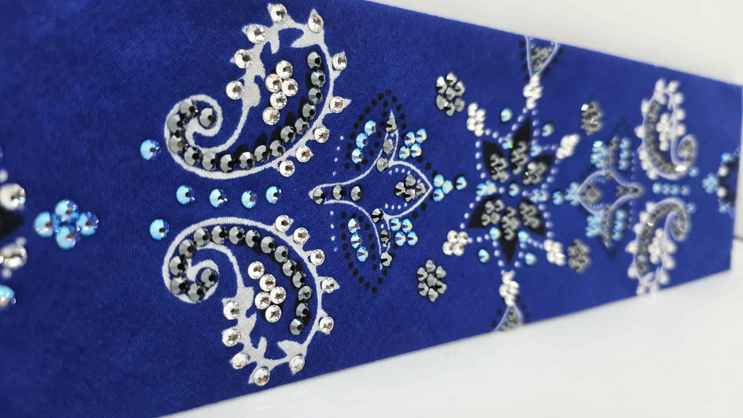 LeeAnnette Large Royal Blue Flower Bandana with Blue Shimmer, Black and Diamond Clear Austrian Crystals (sku40119)