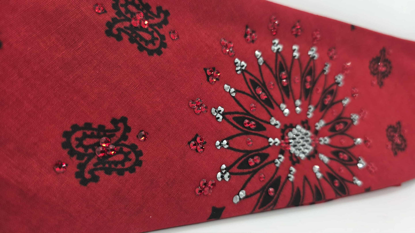 EXTRA BLING - Large Red Paisley Bandana with Red and Black Austrian Crystals (sku6409)