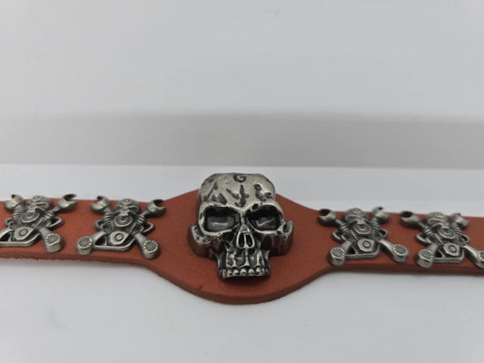 Burnt Orange Adjustable Leather Skull Motor Wrench UNISEX Bracelet (sku8324)