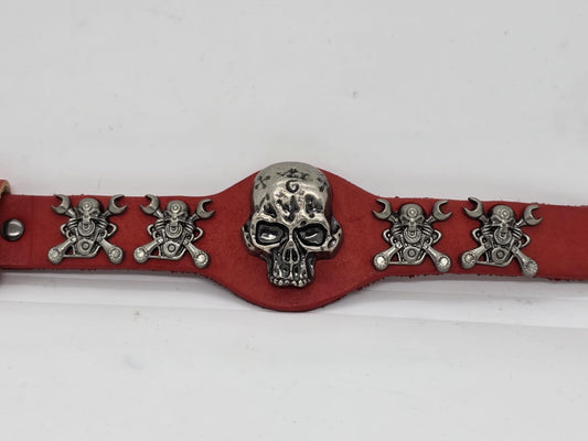 Red Leather Adjustable Skull Motor Wrench UNISEX Bracelet (sku8325)