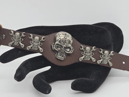 Brown Adjustable Leather Skull Motor Wrench UNISEX Bracelet (sku8326)