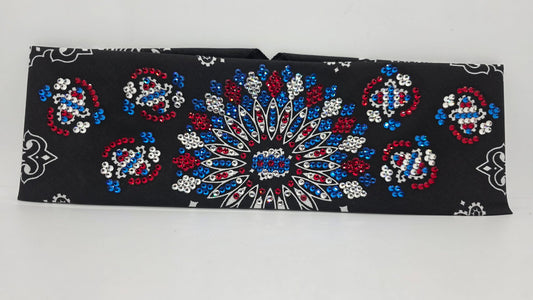 Super LeeAnnette Black Paisley Bandana with Blue, Red and Diamond Clear Austrian Crystals (S48179)