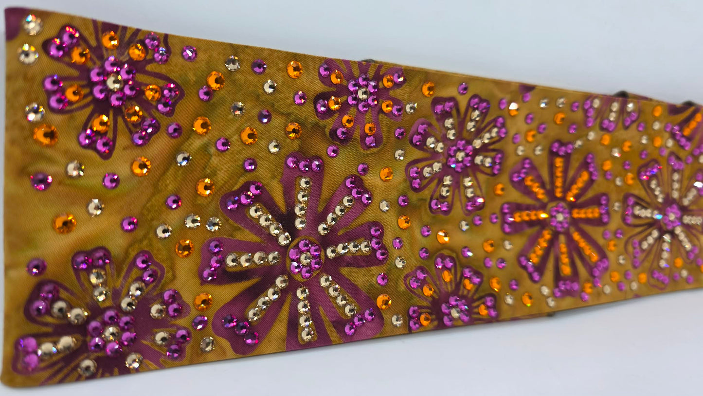 Super LeeAnnette Purple Flowers on Brown Batik Bandana with Golden Brown, Fuchsia and Orange Austrian Crystals (S48129)