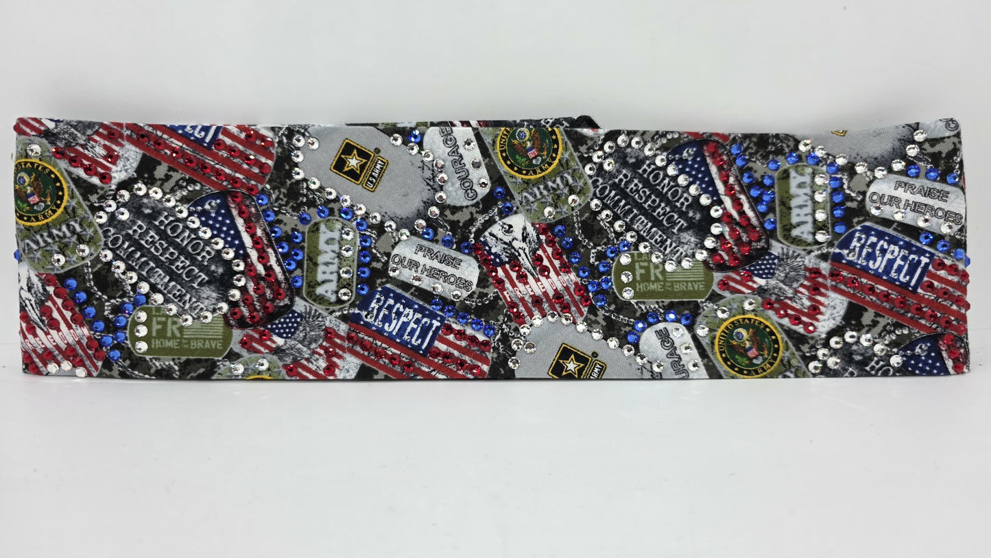LeeAnnette Fancy Army Bandana with Blue, Red and Diamond Clear Austrian Crystals (sku40149)