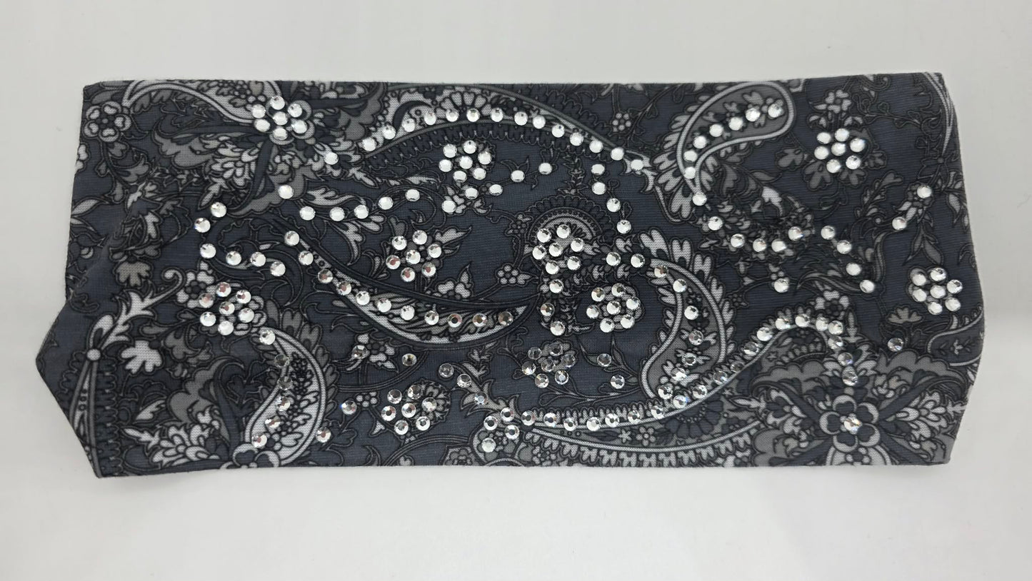 Stretchy Headband Grey Paisley with Clear Crystals (Sku5478)