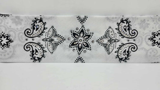 EXTRA BLING - Large White Flower Bandana with Black and Diamond Clear Austrian Crystals (sku6402)