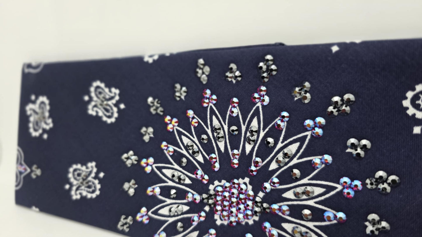 EXTRA BLING - Navy Paisley Bandana with Red Shimmer and Black Austrian Crystals (sku6394)