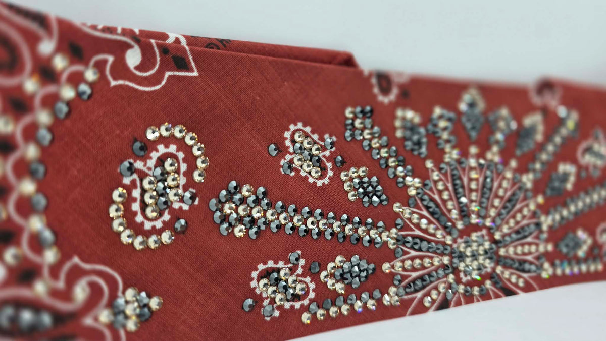 Super LeeAnnette Terracotta Paisley Bandana with Black and Honey Austrian Crystals (S48187)