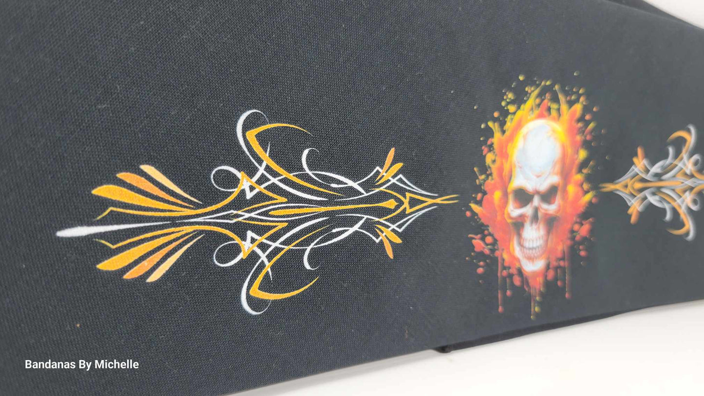 Plain Flame Skull and Pinstripes on Black Bandana (Sku8536)