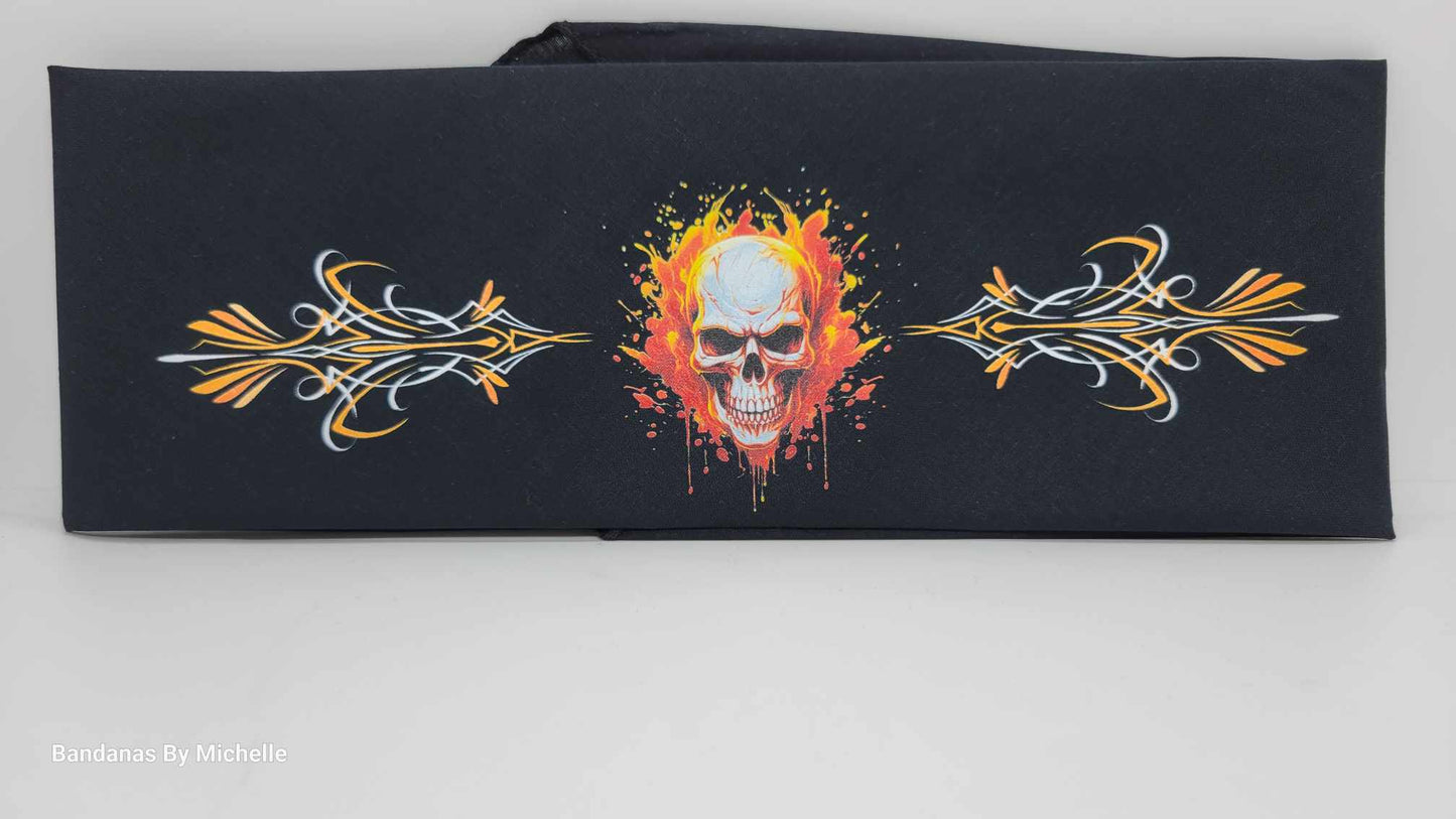 Plain Flame Skull and Pinstripes on Black Bandana (Sku8536)