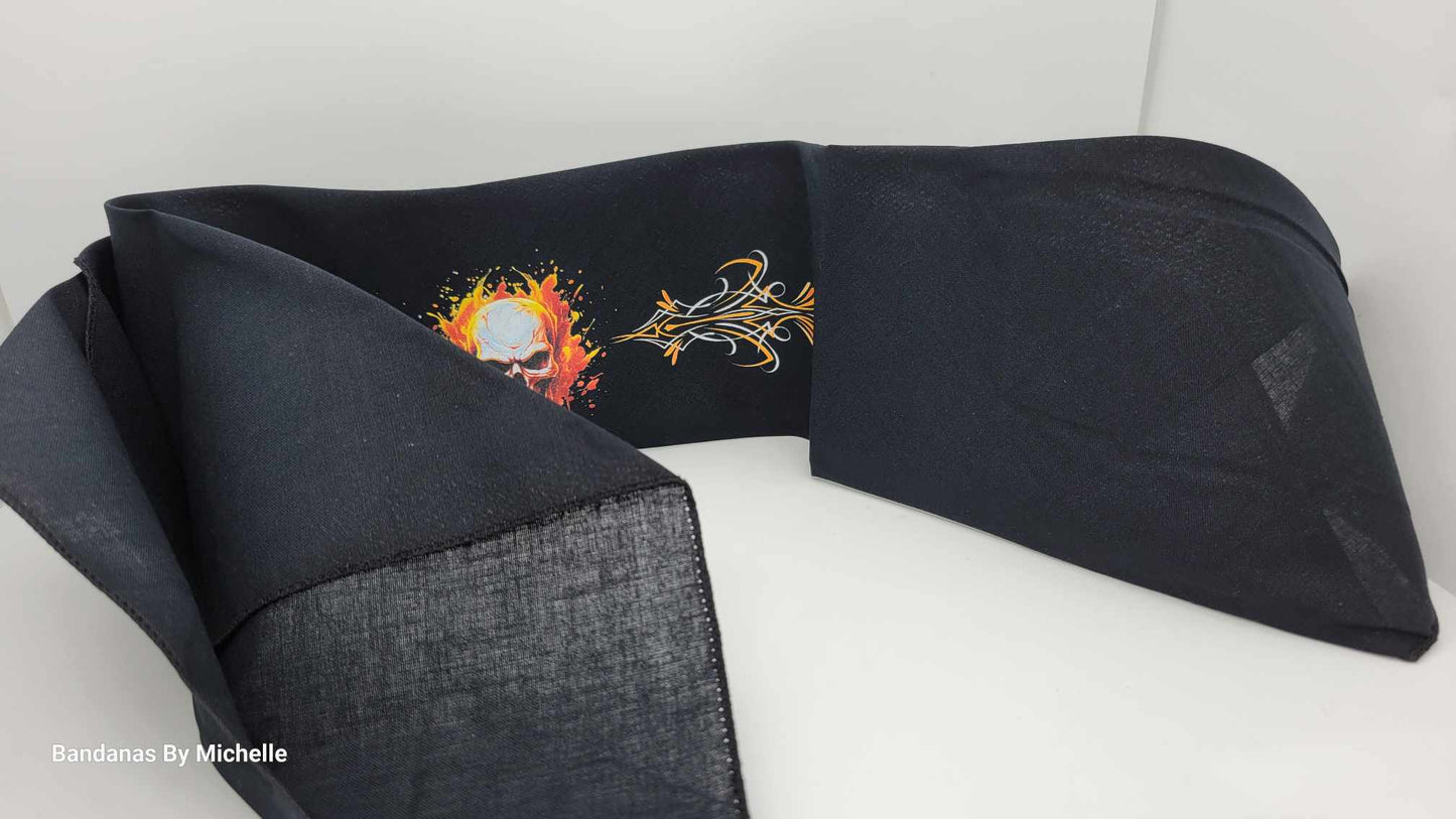 Plain Flame Skull and Pinstripes on Black Bandana (Sku8536)