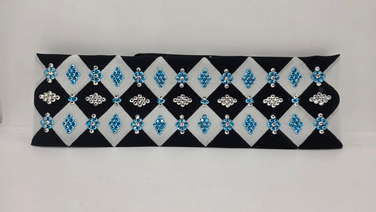 LeeAnnette Black and White Checker Bandana with Capri Blue Shimmer and Diamond Clear Austrian Crystals (L40278)