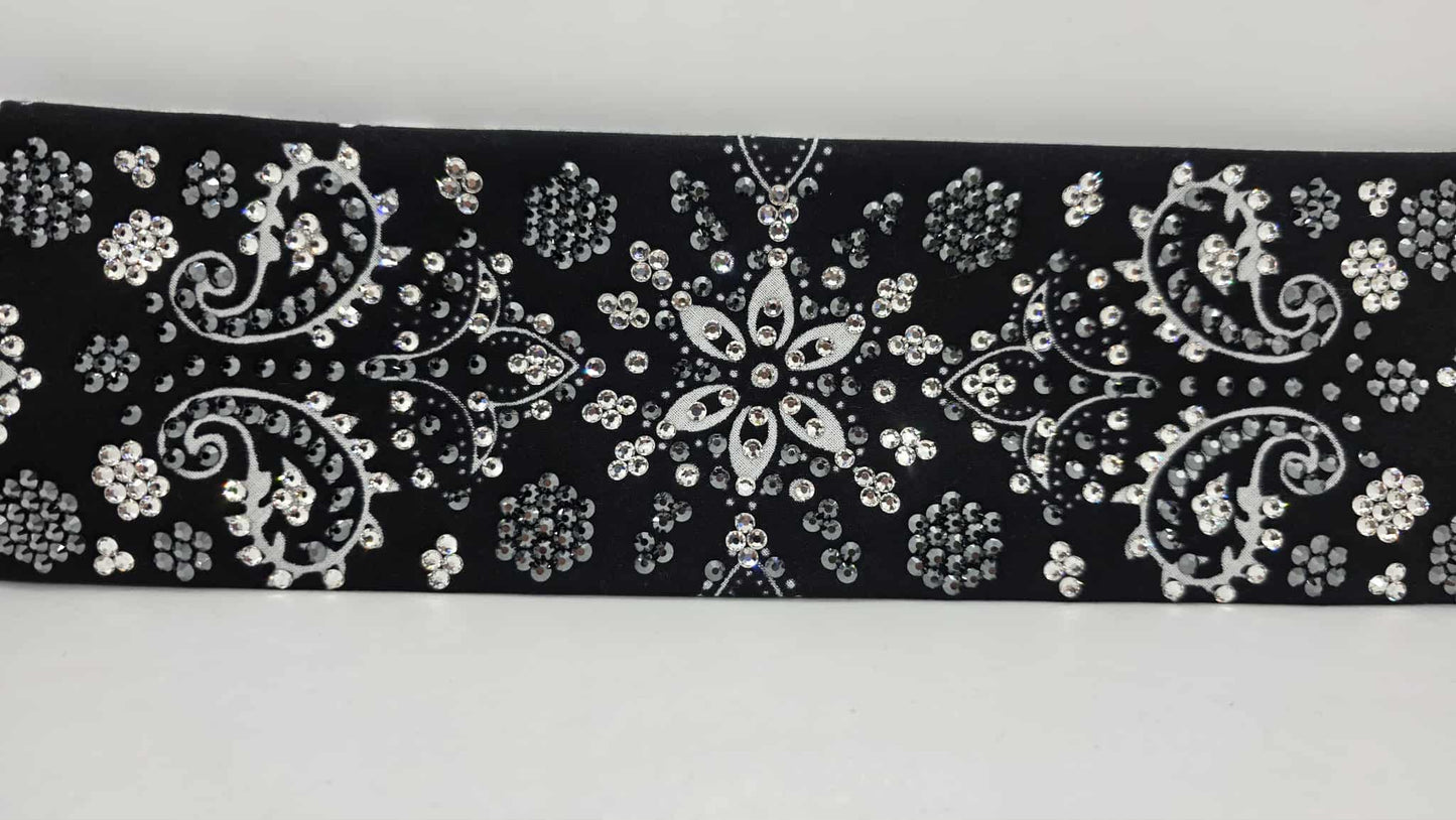 Super LeeAnnette Large Black Flower Bandana with Black and Diamond Clear Austrian Crystals (sku40105)