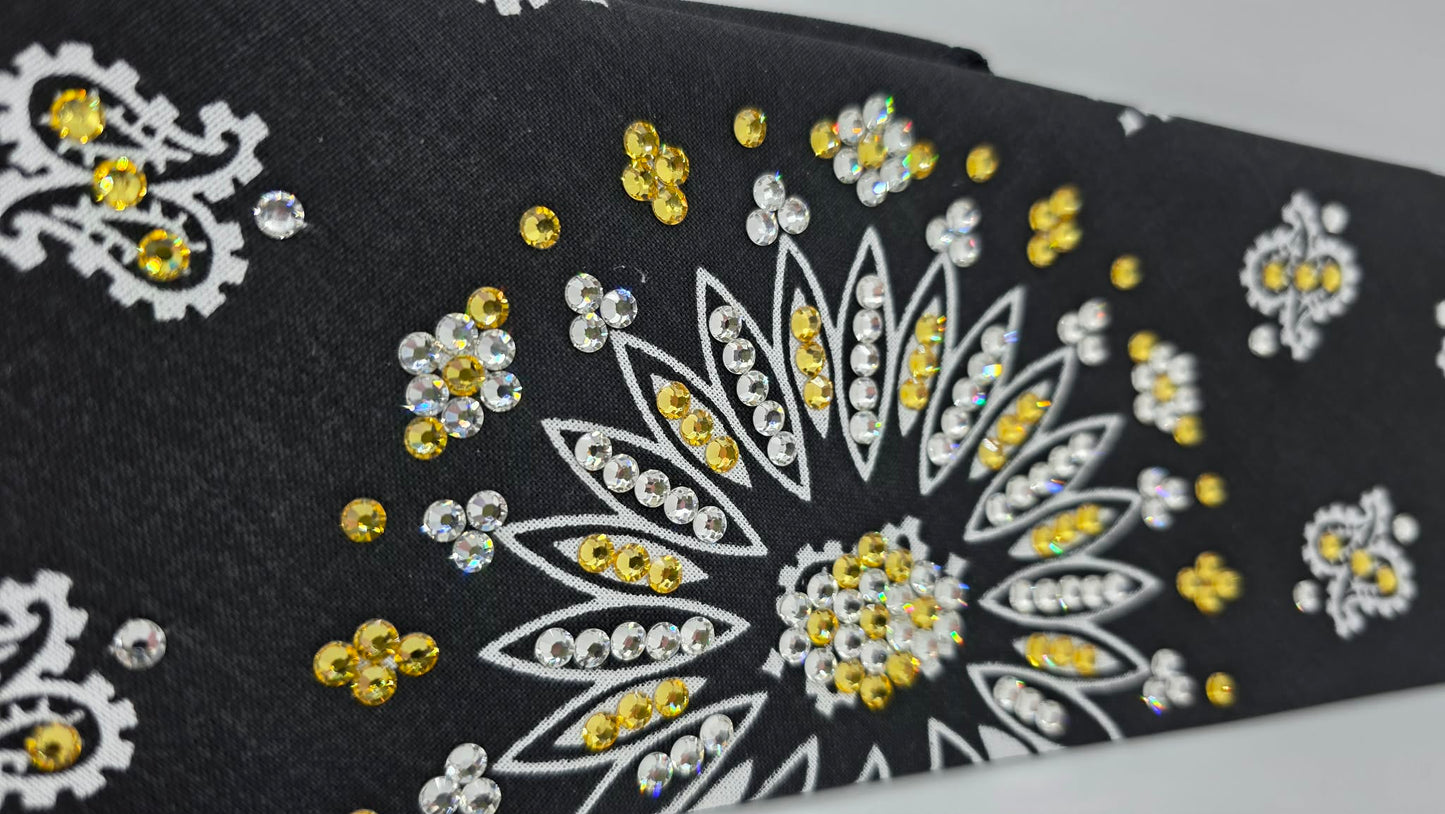 EXTRA BLING -Black Paisley Bandana with Golden Yellow and Diamond Clear Austrian Crystals (E60109)