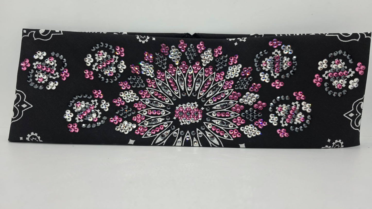 Super LeeAnnette Black Paisley Bandana with Rose, Black and Diamond Clear Austrian Crystals (S48183)